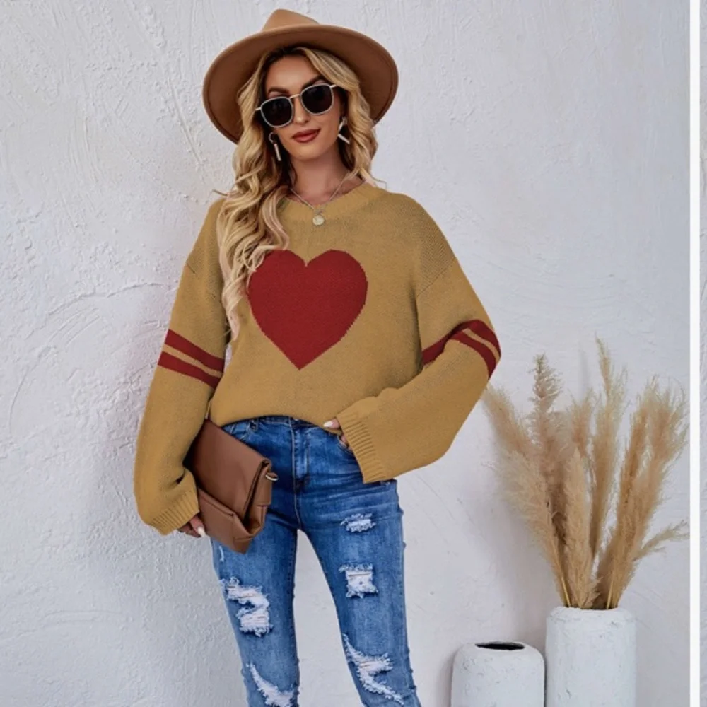 Cozy Tan Sweater with a bold Red heart and Stripes - Picture 2 of 7